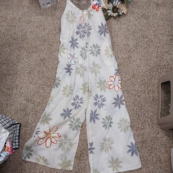 Handmade Pants - 3507 Size Large Tie Shoulder Jumpsuit In Purple Floral with Appliqued Flowers.